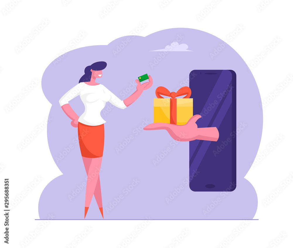 Huge Hand from Smartphone Screen Stretch Gift Box to Woman with Credit Card in Hand. Internet Bonus or Customer Loyalty Program Concept, Online Bonus Prize, Gambling Cartoon Flat Vector Illustration Huge Hand from Smartphone Screen Stretch Gift Box to Woman with Credit Card in Hand. Internet Bonus or Customer Loyalty Program Concept, Online Bonus Prize, Gambling Cartoon Flat Vector Illustration