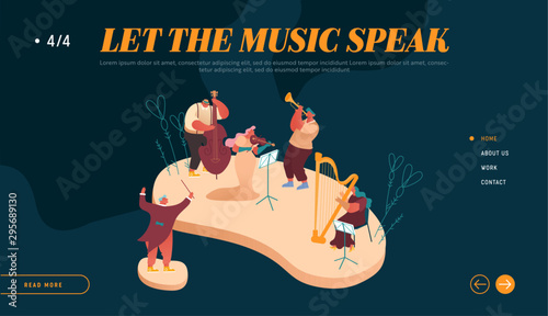 Landing Page of Symphony Orchestra Playing Classical Music Concert, Musician with Instrument Harp Performing on Stage