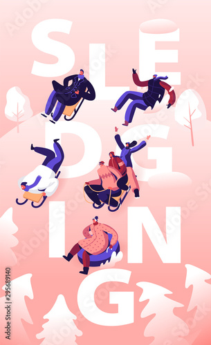 Sledding Concept. Happy People Friends Company Performing Leisure Outdoor Activities Riding Downhill by Sleds and Tubing. Winter Holidays Poster Banner Flyer Brochure. Cartoon Flat Vector Illustration