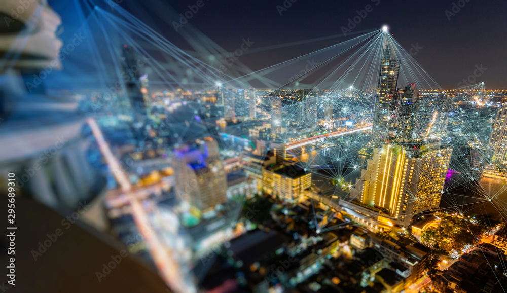 Wireless network and Connection technology concept with Abstract buildings and city background Wireless network and Connection technology concept with Abstract buildings and city background