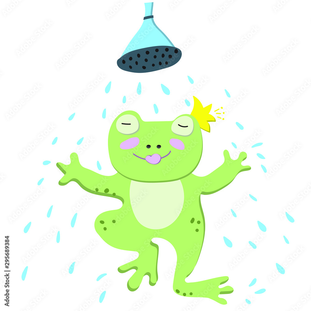 Fototapeta premium Flat illustration with character. Cute green frog taking a shower, dancing and having fun on white background