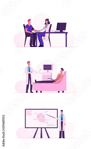 Patient Visiting Cardiology Clinic for Medical Heart Check Up. Doctor Examining Male Client, Measuring Blood Pressure, Making Electrocardiogram, Cardio Center Staff. Cartoon Flat Vector Illustration