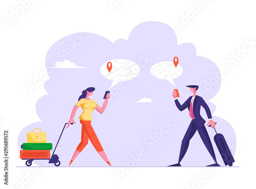 Navigation with Mobile App Concept. Man and Woman with Luggage Using Online Map and Gps Application on Smart Phone. Business People Searching Correct Way in City. Cartoon Flat Vector Illustration