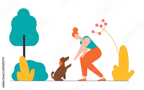 Happy Woman Playing with Dog on Street in Park Having Leisure. Female Character Spend Time with Domestic Animal. Dog Giving Paw to Owner, Friendship Lifestyle Relation Cartoon Flat Vector Illustration