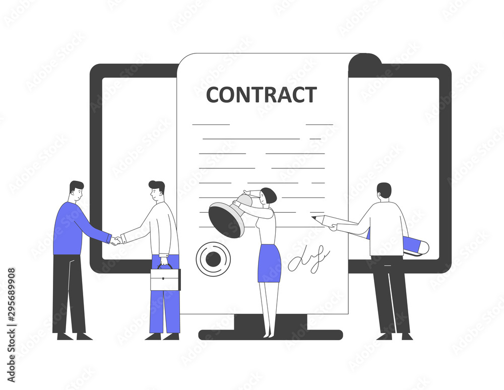 Business People Make a Deal Agreement, Shaking Hands, Checking and Signing Contract. Characters Standing at Pc Screen with Seal Stamp and Pen for Signature. Cartoon Flat Vector Illustration, Line Art