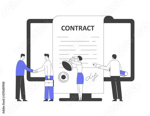 Business People Make a Deal Agreement, Shaking Hands, Checking and Signing Contract. Characters Standing at Pc Screen with Seal Stamp and Pen for Signature. Cartoon Flat Vector Illustration, Line Art
