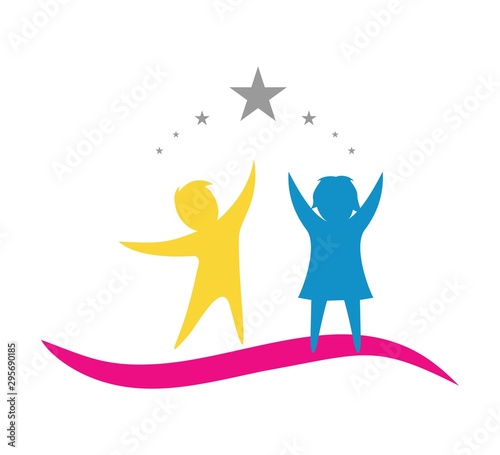 Children Education Logo - Happy Kids Education. Creative Children Reaching Star Education Logo. Happy kids logo vector illustration. kids concept vector illustration icon.