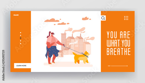 Environment Toxic Gas Pollution Website Template, Industry Factory Smog Danger Concept Landing Page and Web. Woman Character in Protective Mask. Dirty Dust Air, Industrial Fog. Vector Illustration