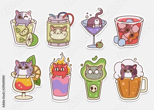 Vector Cat stickers. Illustrations of drinks With cute cats. Alcohol drinks and coctails.