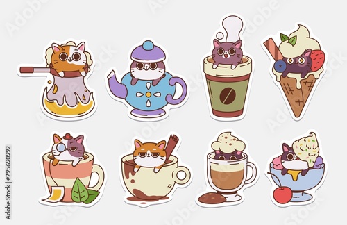 Vector Cat stickers. Illustrations of drinks With cute cats. Hot Drinks and ice cream