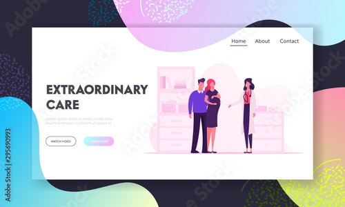 Pregnancy, Childbearing Website Landing Page. Young Couple Man and Pregnant Woman at Doctor Appointment Room in Hospital, Happy Family Waiting Baby Web Page Banner. Cartoon Flat Vector Illustration