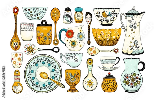 Set of hand drawn tableware items isolated on white background. Vintage ceramic kitchen utensils or crockery - cups, dishes, bowls, pitchers. Vector colorful illustration in rustic style.