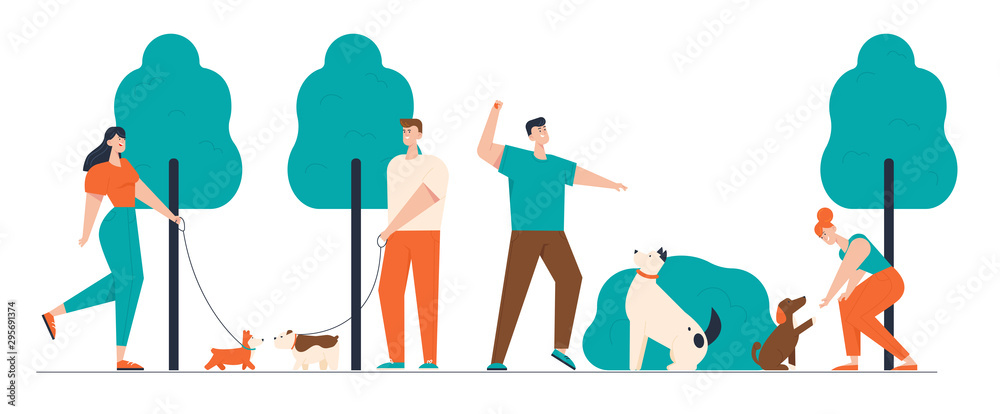 People Spending Time with Pets Outdoors. Male and Female Characters Walking and Training Dogs in Summer Park, Relaxing Leisure, Communication Love, Care of Animals. Cartoon Flat Vector Illustration