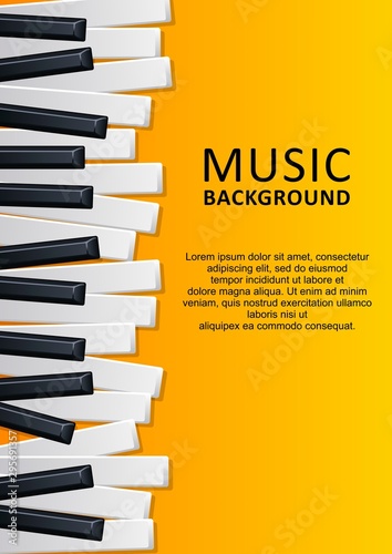 Musical yellow background with piano keys and text. Graphic design template can be used for background, backdrop, banner, brochure, leaflet, publication. Music festival poster template. Vector