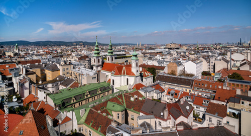 Photography Aerial view panorama of the Viennese district Mariahilf with church Mariahilf