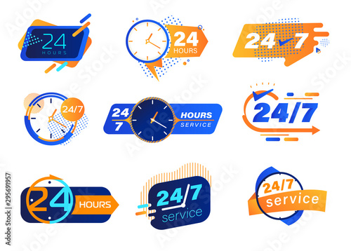 24-7 Service Icons Set. Buttons, Tags or Stickers with Clocks and Typography. Labels for Posters and Banners Design. All-time Maintenance Noctidial Customer Support and Assistance Vector Illustration