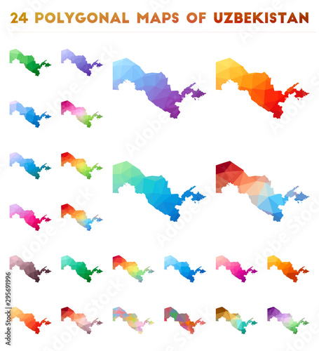 Set of vector polygonal maps of Uzbekistan. Bright gradient map of country in low poly style. Multicolored Uzbekistan map in geometric style for your infographics.