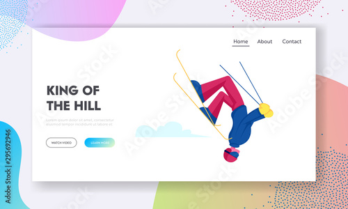 Wintertime Activity and Extreme Outdoors Skiing Sport Website Landing Page. Character Making Freestyle Stunt Jumping with Skis. Sportsman Training Web Page Banner. Cartoon Flat Vector Illustration