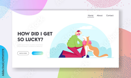 Leisure with Pet Website Landing Page. Happy Man Stand on Knee Hugging Dog on Street in Park at Winter Time, Character Spend Time with Domestic Animal Web Page Banner. Cartoon Flat Vector Illustration