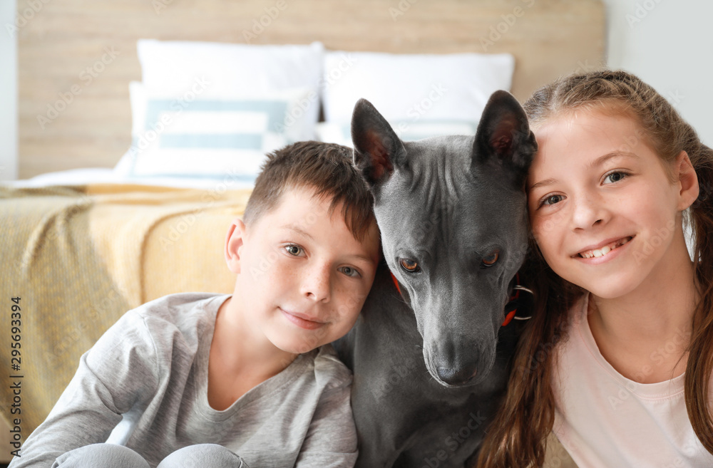 Obraz premium Little children with cute dog at home