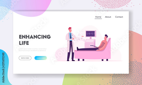 Patient Visiting Cardiology Clinic for Medical Heart Check Up Website Landing Page. Doctor Examining Man Making Electrocardiogram in Cardio Center Web Page Banner. Cartoon Flat Vector Illustration