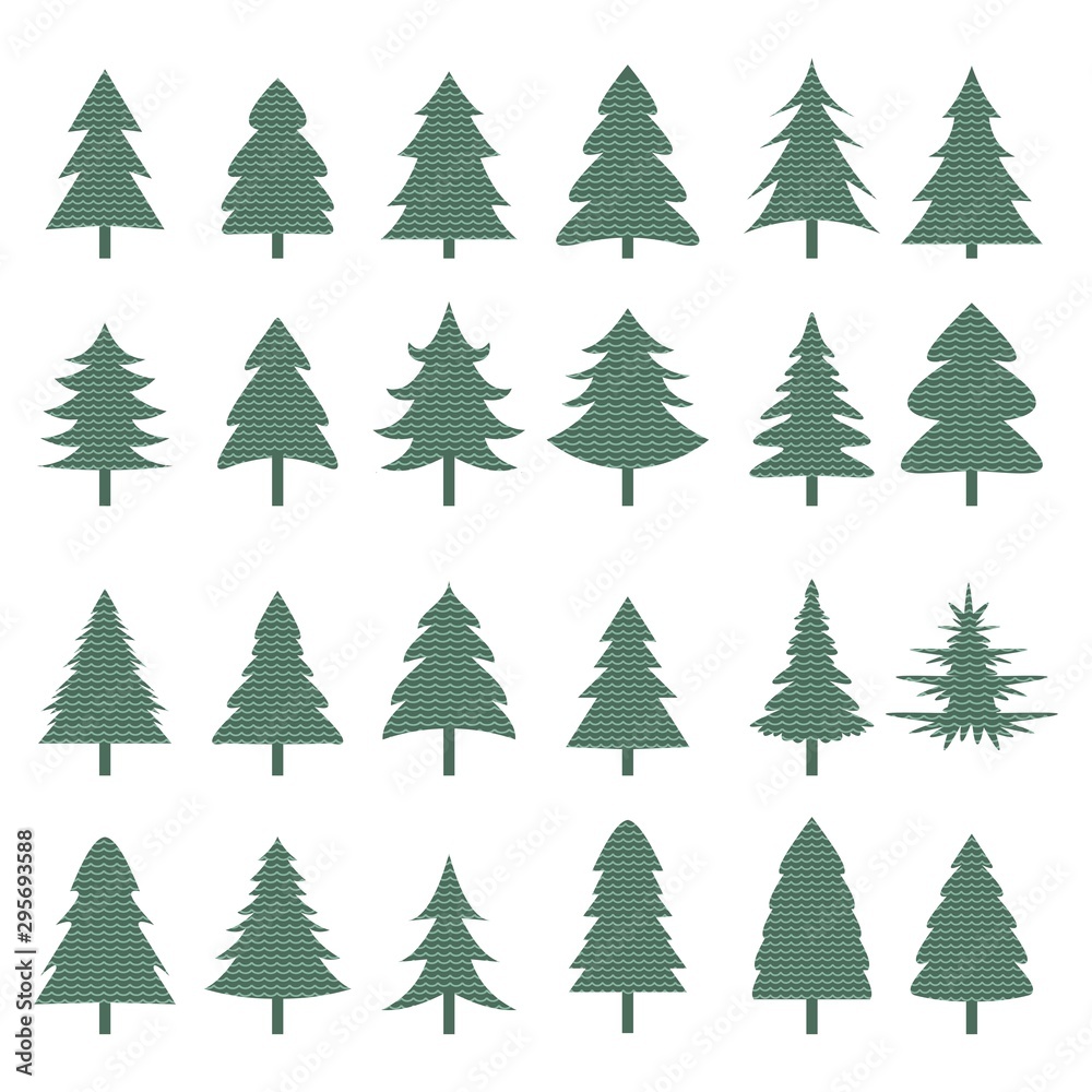 Set of different fir trees. Christmas collection. Vector illustration. Tree Merry Christmas Icon Isolated Vector