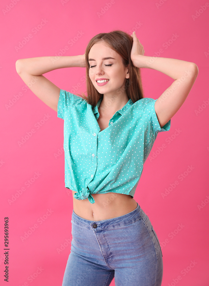 Beautiful young woman on color background Beautiful young woman on color background
