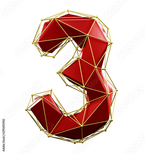 Low poly style number 3. Red and gold color isolated on white background. 3d