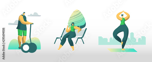 People City Dwellers Outdoors Activity. Male and Female Characters Spend Time in Public Park Driving Hoverboard, Eating Ice Cream, Doing Yoga or Fitness Exercises. Cartoon Flat Vector Illustration