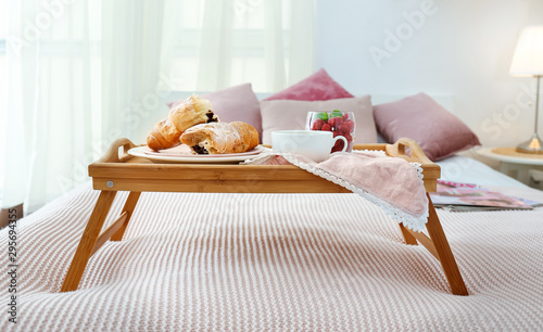 Tray with tasty breakfast o...