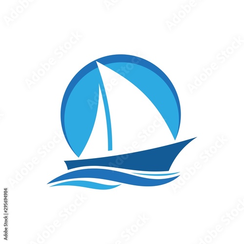 blue Sailing boat logo icon abstract vector template. Sailboat on the waves. Vector illustration