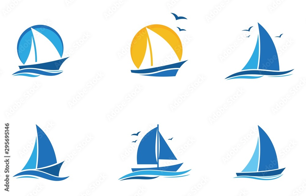 blue Sailing boat logo set. icon abstract vector template. Sailboat on the waves. Vector illustration