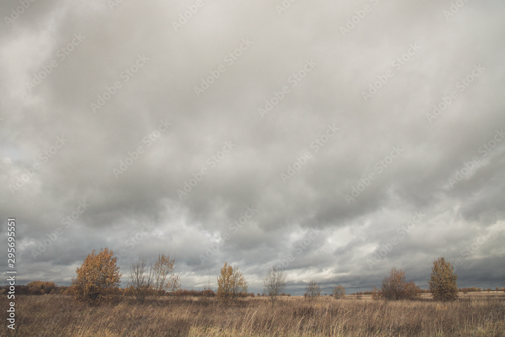 Autumn cloudy weather. Field. A lot of clouds. yellow colors
