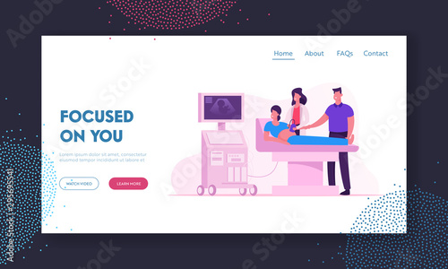 Doctor Doing Ultrasound Fetus Screening Checkup in Clinic Website Landing Page. Pregnant Woman and Husband Visit Hospital Baby Belly Sonography Scan Web Page Banner. Cartoon Flat Vector Illustration