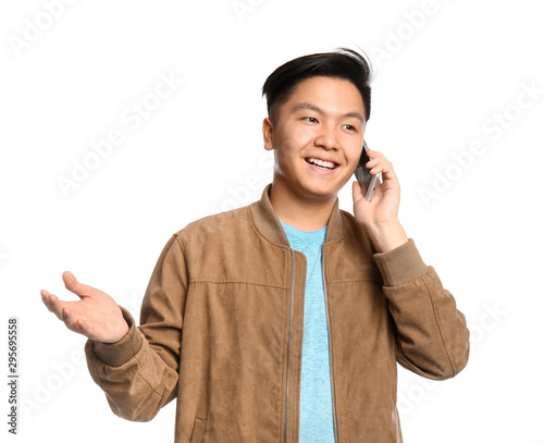 Portrait of Asian man talki...