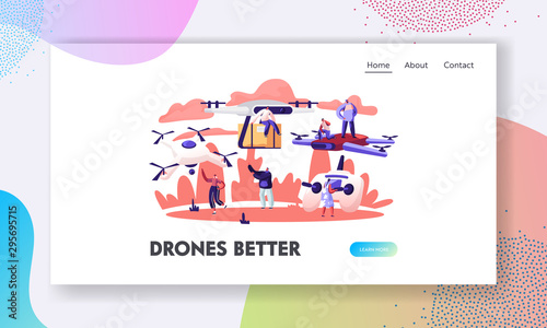 People Using Drones Website Landing Page.Quadcopter Remote Aerial Drone with Camera Taking Photography or Video Recording and Post Mail Delivery Web Page Banner. Cartoon Flat Vector Illustration
