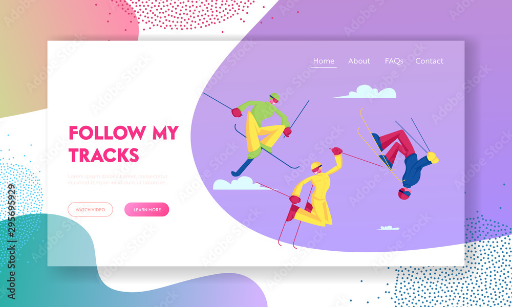 Fototapeta premium Sportsmen Sportswomen Freestyle Skiing Jump Website Landing Page. Winter Sport Activity, Skiing and Acrobatics Stunts. Seasonal Sports Competition Web Page Banner. Cartoon Flat Vector Illustration