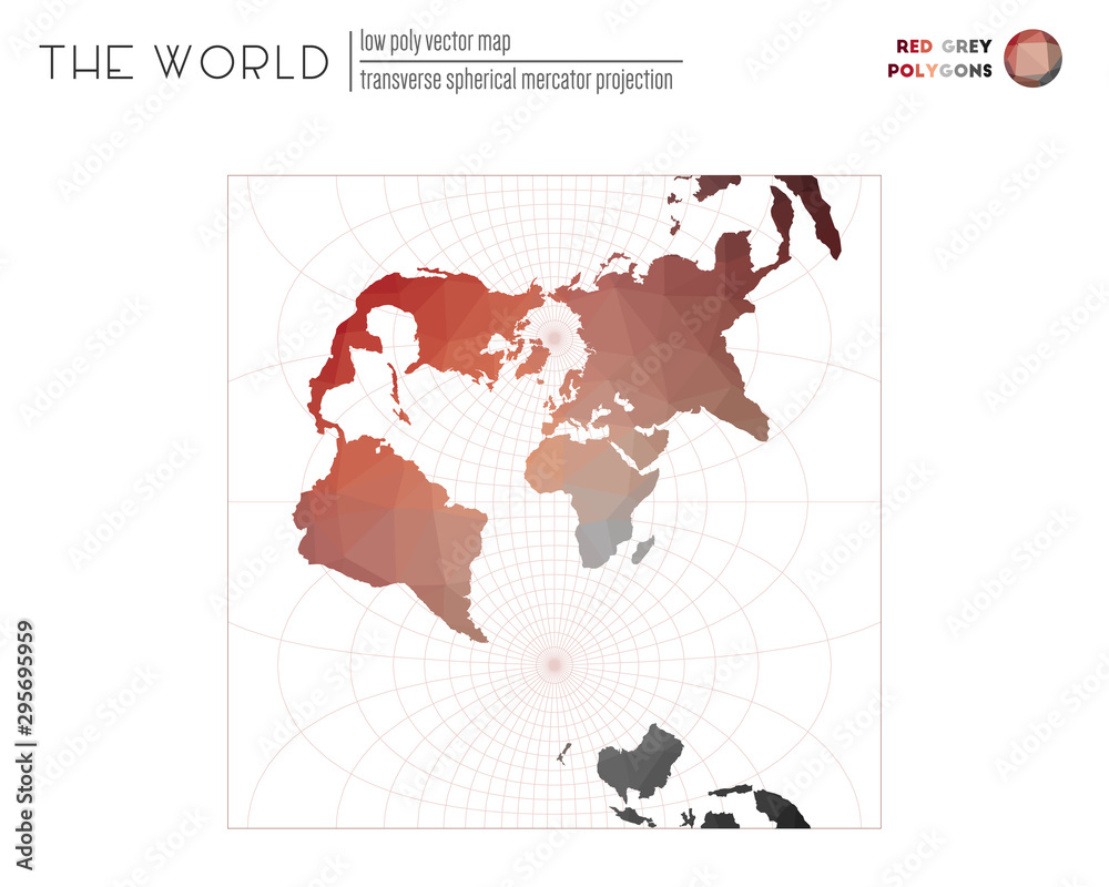 Abstract geometric world map. Transverse spherical Mercator projection of the world. Red Grey colored polygons. Stylish vector illustration.