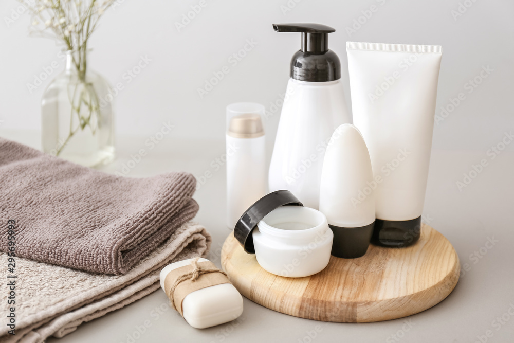 Cosmetics for personal hygiene on light background