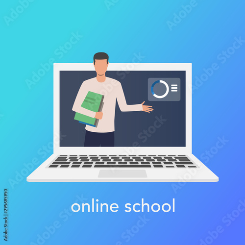 Teaching online concept for online school. Vector laptop on blue background. Vector illustration