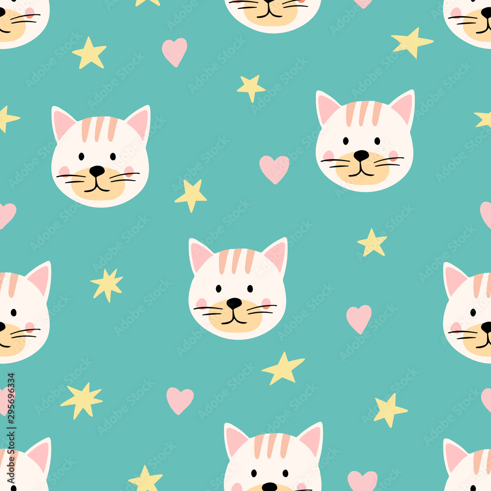 Cute seamless pattern with cat faces and stars. Background for kids with  animals - cat. Vector illustration