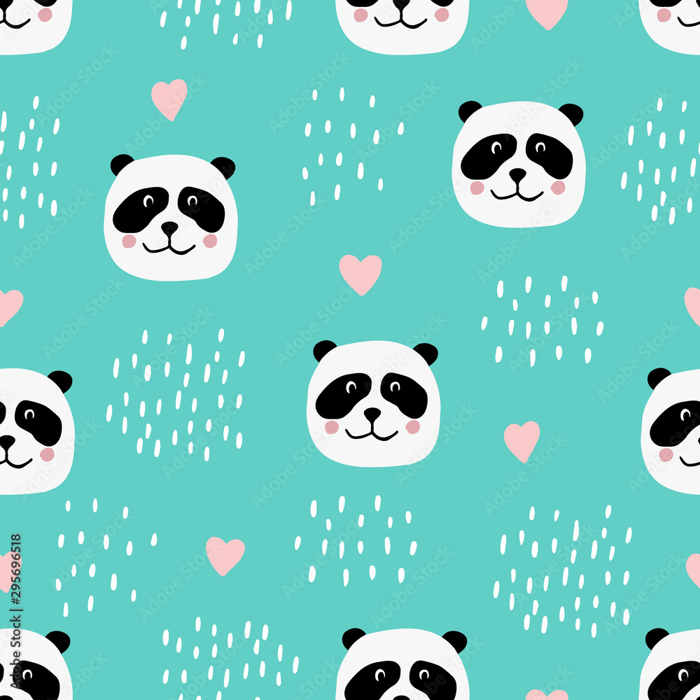 Cute seamless pattern with panda faces and hearts. Background for kids with wild animals - panda. Vector illustration