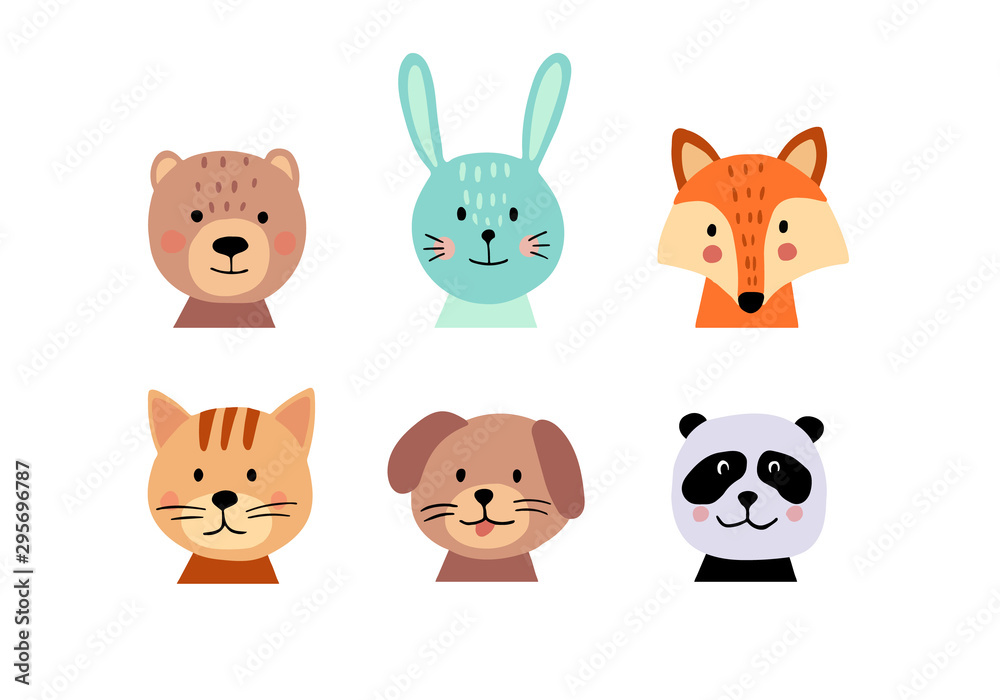 Cute hand drawn animal faces set on white background. Cartoon characters of bear, cat, bunny, fox,  dog, panda. Perfect for baby or kid design. Vector illustration