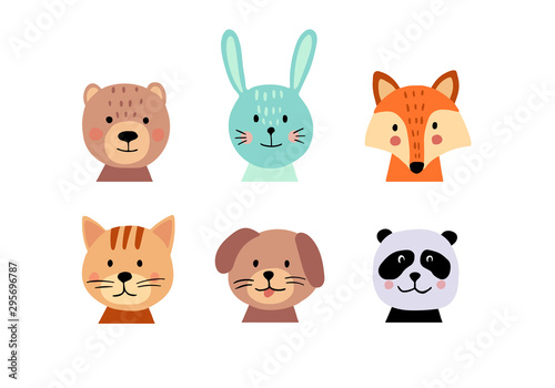 Cute hand drawn animal faces set on white background. Cartoon characters of bear, cat, bunny, fox, dog, panda. Perfect for baby or kid design. Vector illustration