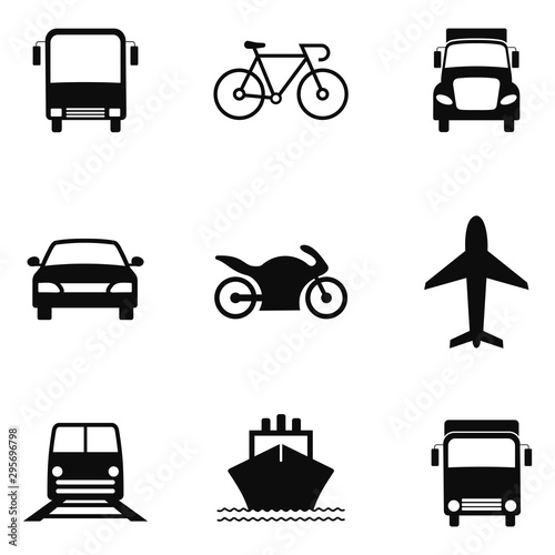 Transportation Icons Collection. Airplane, Public bus, Train, Ship/Ferry and auto signs. Shipping delivery symbol. White on a black background