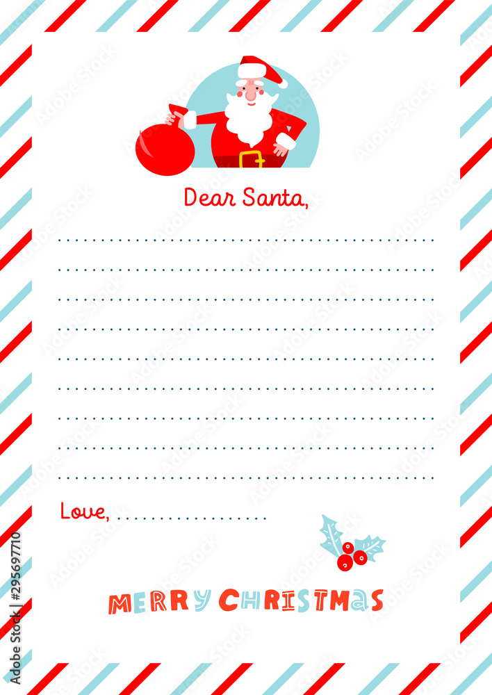 A4 Christmas letter to Santa Claus template. Decorated paper sheet with  Canta character illustration and had drawn lettering. vector de Stock |  Adobe Stock