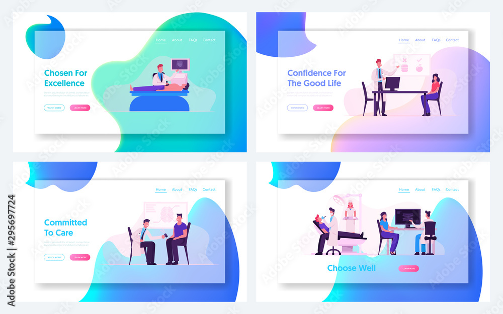 Doctor Appointment in Hospital Website Landing Page Set. People Visit Clinic for Nutritionist, Neurologist Consultation and Internal Organs Ultrasound Web Page Banner. Cartoon Flat Vector Illustration
