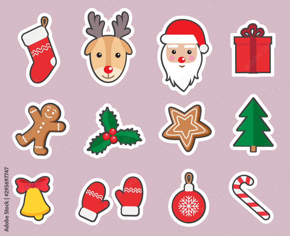 Merry Christmas and Happy New Year cute symbols set: patches of Santa Claus, reindeer, gingerbread man, candy, gift, ball, bell, Christmas tree, mittens. Winter holiday stickers. Vector illustration Merry Christmas and Happy New Year cute symbols set: patches of Santa Claus, reindeer, gingerbread man, candy, gift, ball, bell, Christmas tree, mittens. Winter holiday stickers. Vector illustration