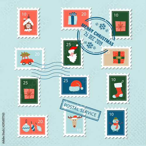 Christmas santa postage stamps for greeting card. Vector set of christmas stamp with flat doodle illustration of xmas decorations and characters