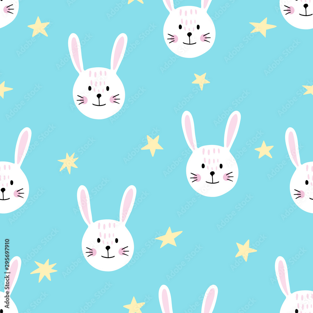Cute seamless pattern with bunny faces and stars. Background for kids with wild animals - rabbit. Vector illustration Cute seamless pattern with bunny faces and stars. Background for kids with wild animals - rabbit. Vector illustration